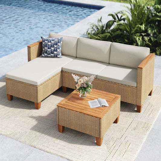 MFSTUDIO Gartenmöbel Set 3-teilig Polyrattan Braun, L-förmige Gartenlounge mit Kissen & Akazienholztisch für 4 Personen – Braun