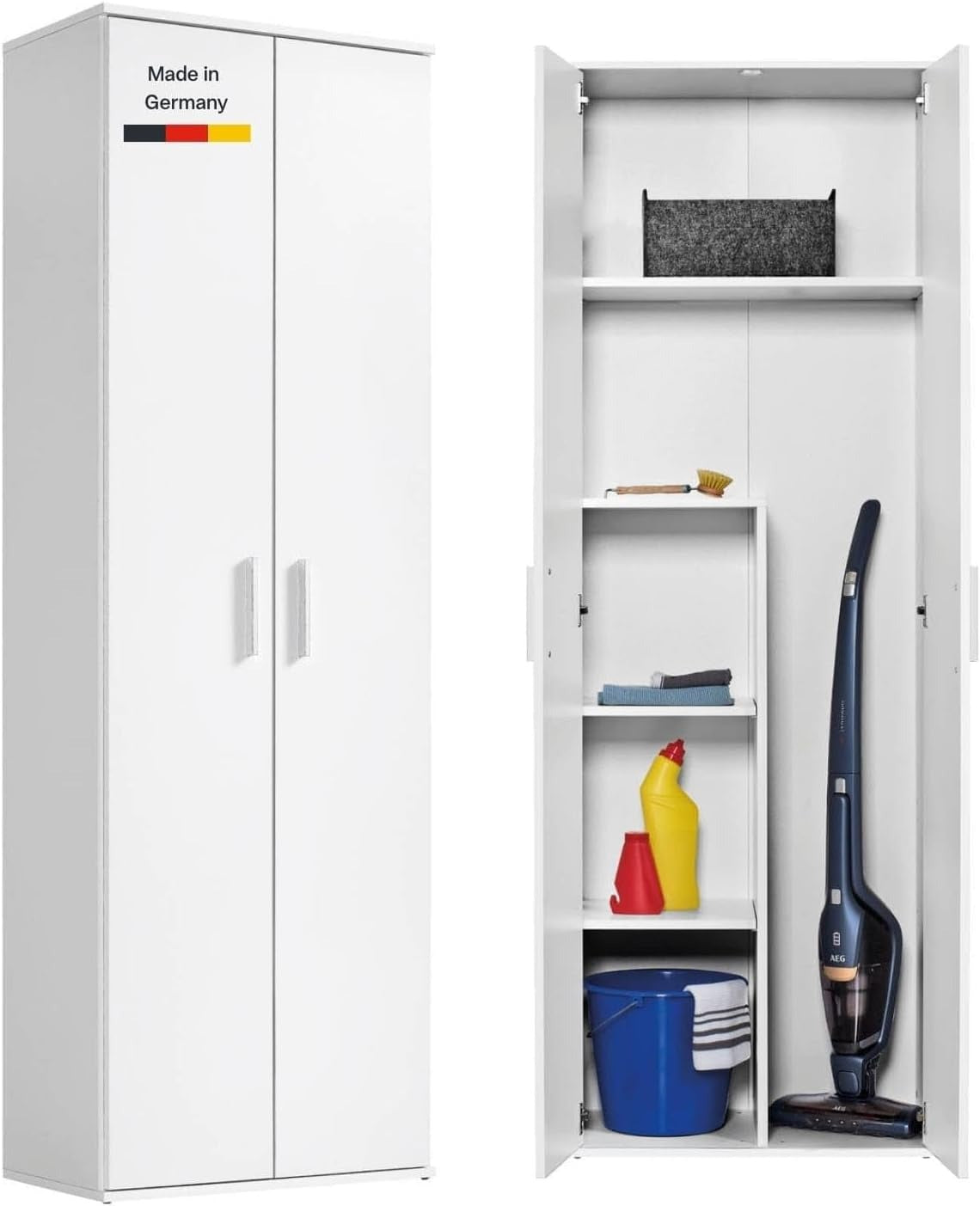 mokebo Mehrzweckschrank Besenschrank (60x180 cm) 'Der Lange' Hergestellt in Deutschland aus Holz auch als Haushaltsschrank Putzschrank Vorratsschrank Flurschrank Weiß – Weiß -11, Schuhschrank | mit Kleiderstange