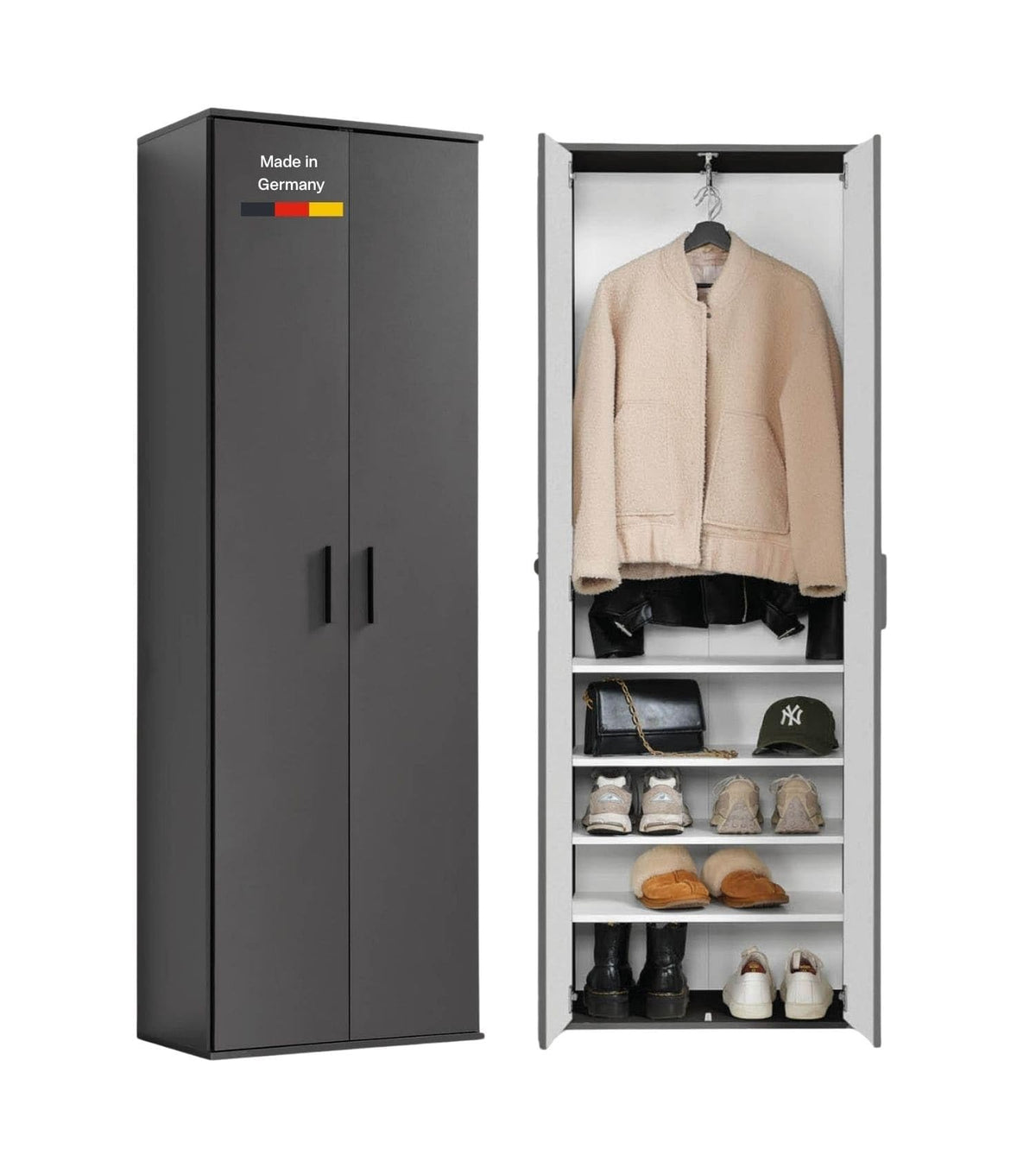 mokebo Mehrzweckschrank Besenschrank (60x180 cm) 'Der Lange' Hergestellt in Deutschland aus Holz auch als Haushaltsschrank Putzschrank Vorratsschrank Flurschrank Weiß – Weiß -11, Besenschrank | Mit Mittelwand