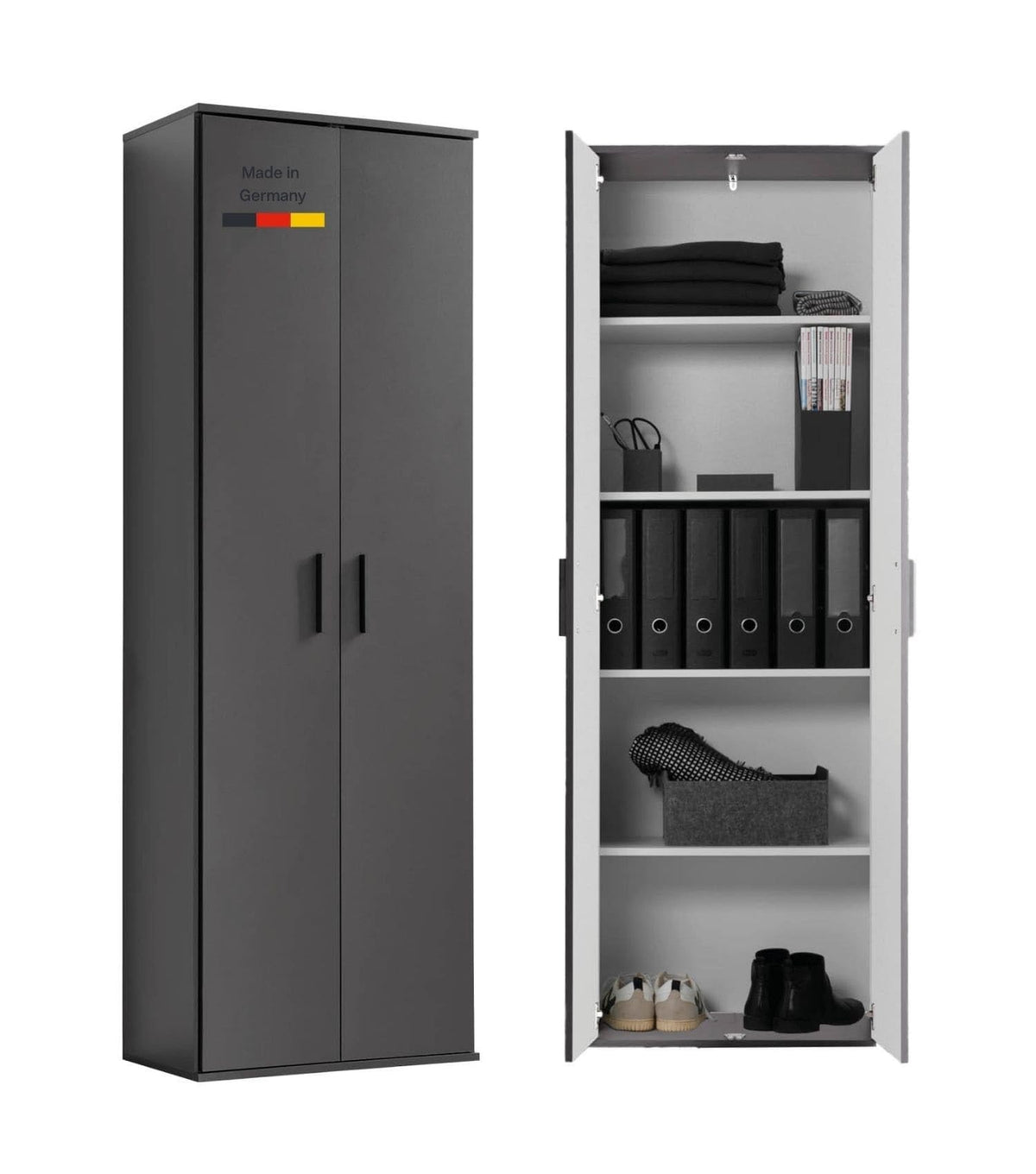 mokebo Mehrzweckschrank Besenschrank (60x180 cm) 'Der Lange' Hergestellt in Deutschland aus Holz auch als Haushaltsschrank Putzschrank Vorratsschrank Flurschrank Weiß – Anthrazit-schwarz, Schuhschrank | mit Kleiderstange