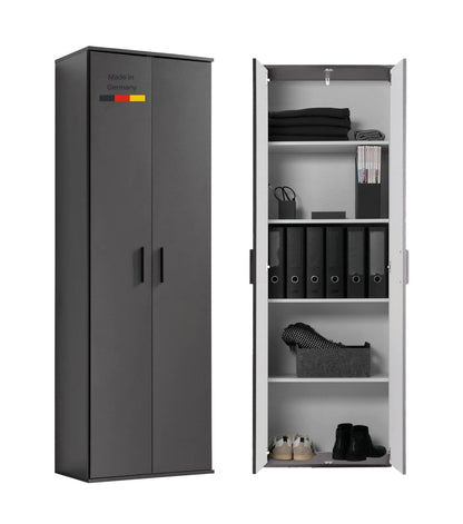 mokebo Mehrzweckschrank Besenschrank (60x180 cm) 'Der Lange' Hergestellt in Deutschland aus Holz auch als Haushaltsschrank Putzschrank Vorratsschrank Flurschrank Weiß – Anthrazit-schwarz, Schuhschrank | mit Kleiderstange