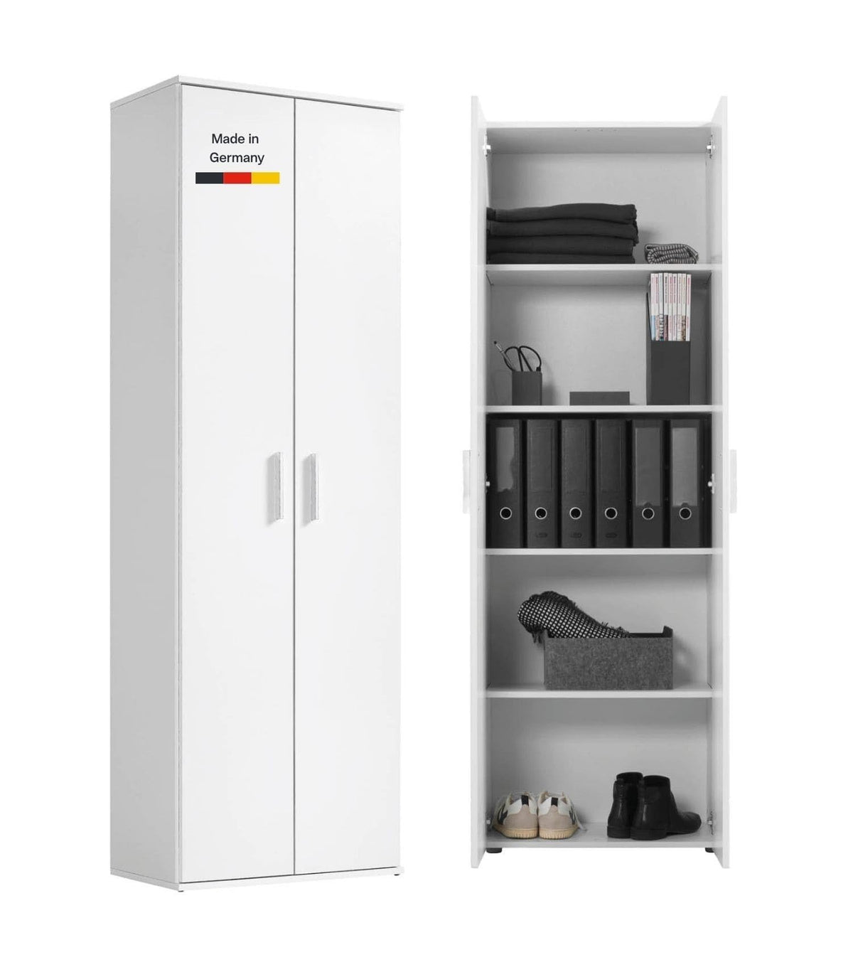 mokebo Mehrzweckschrank Besenschrank (60x180 cm) 'Der Lange' Hergestellt in Deutschland aus Holz auch als Haushaltsschrank Putzschrank Vorratsschrank Flurschrank Weiß – Betonoptik -92, Besenschrank | Mit Mittelwand