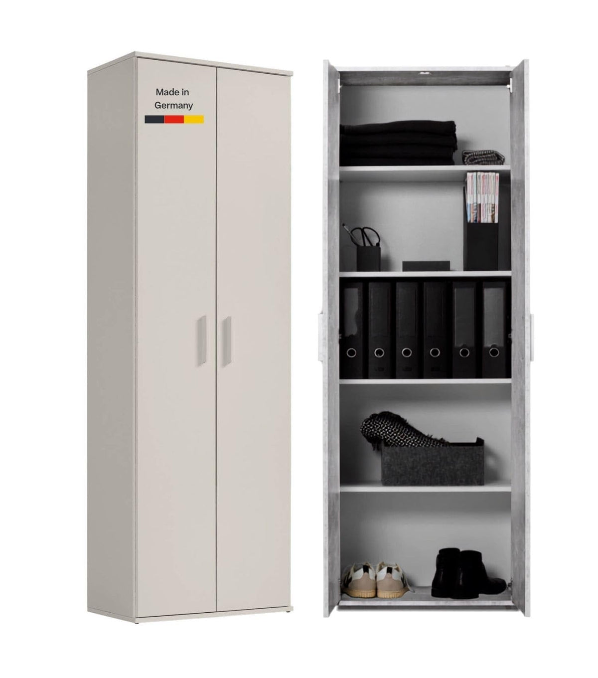 mokebo Mehrzweckschrank Besenschrank (60x180 cm) 'Der Lange' Hergestellt in Deutschland aus Holz auch als Haushaltsschrank Putzschrank Vorratsschrank Flurschrank Weiß – Anthrazit-schwarz, Besenschrank | Mit Mittelwand