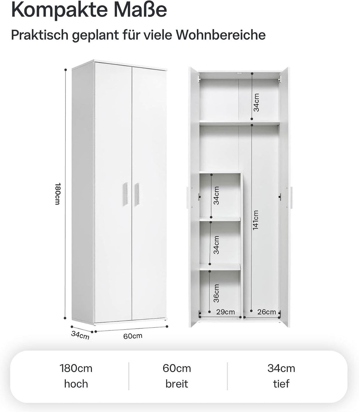 mokebo Mehrzweckschrank Besenschrank (60x180 cm) 'Der Lange' Hergestellt in Deutschland aus Holz auch als Haushaltsschrank Putzschrank Vorratsschrank Flurschrank Weiß