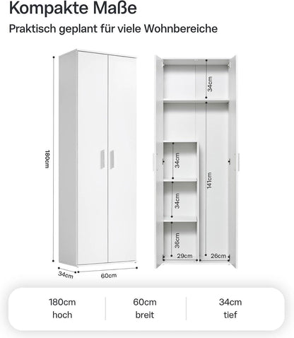 mokebo Mehrzweckschrank Besenschrank (60x180 cm) 'Der Lange' Hergestellt in Deutschland aus Holz auch als Haushaltsschrank Putzschrank Vorratsschrank Flurschrank Weiß