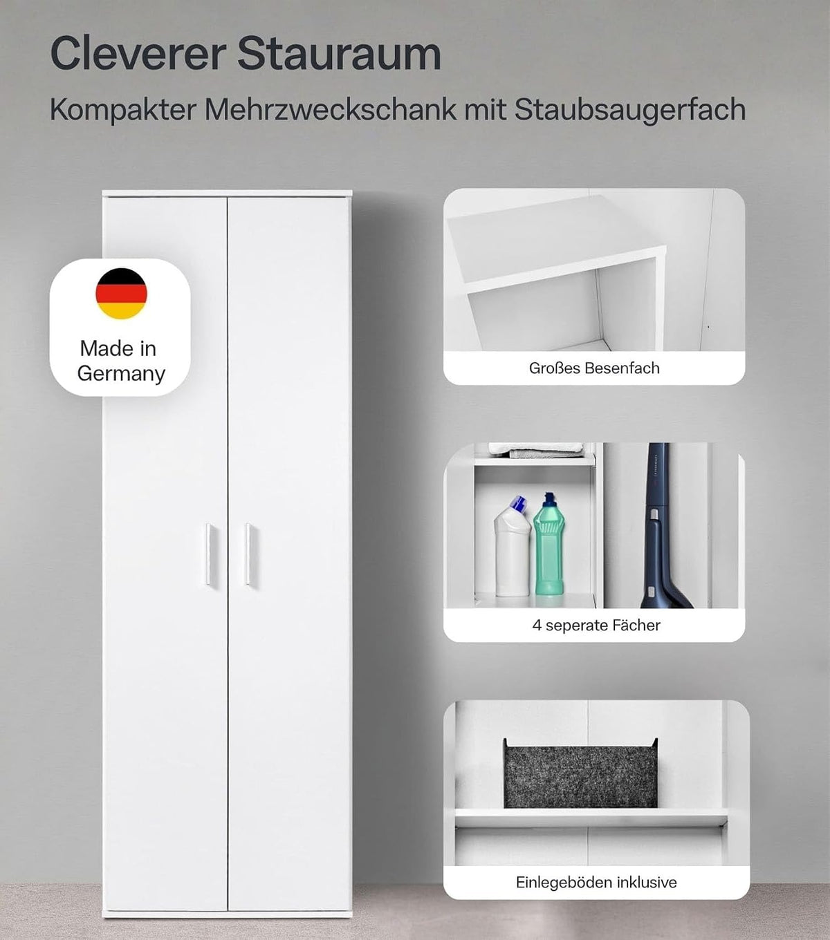 mokebo Mehrzweckschrank Besenschrank (60x180 cm) 'Der Lange' Hergestellt in Deutschland aus Holz auch als Haushaltsschrank Putzschrank Vorratsschrank Flurschrank Weiß