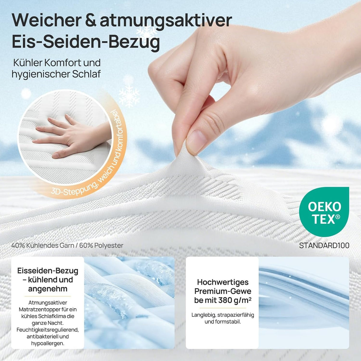 MULISOFT Topper 180x200 cm 7,5 cm H3/H4 – Gel Memory-Schaum Matratzentopper mit 7-Zonen, waschbarem Bezug & Anti-Rutsch