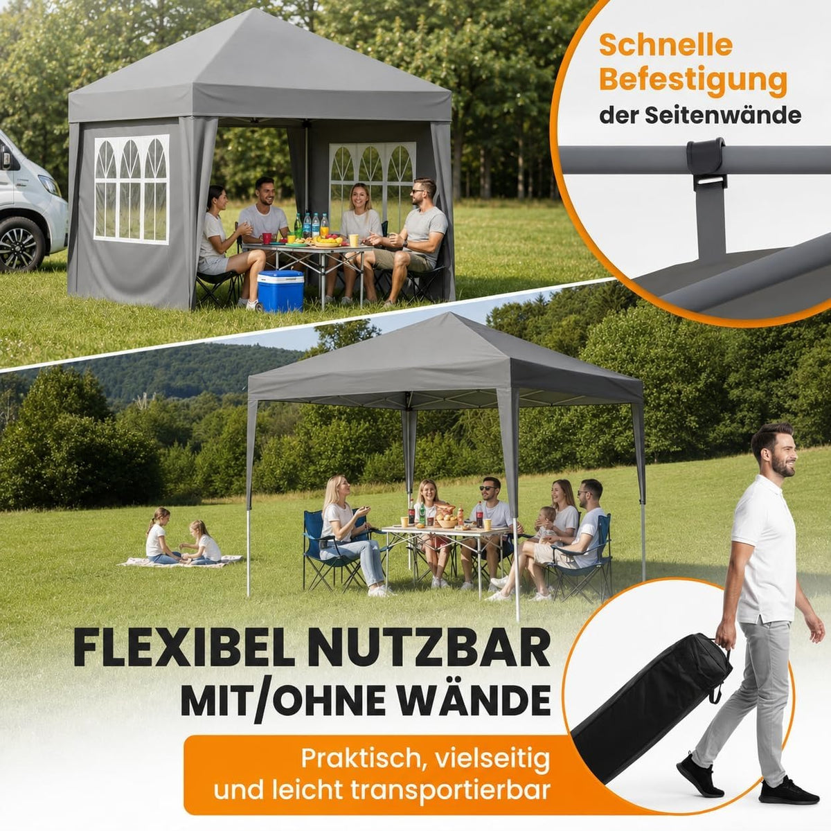 NATURIZ® Pavillon 3x3 Wasserdicht Stabil und UV 50+ Schutz - Faltpavillon mit Seitenwänden - Faltpavillon Zelt für Garten, Camping, Marktstand & Partyzelt, Gartenpavillon, Gartenzelt, Festzelt (Grau)