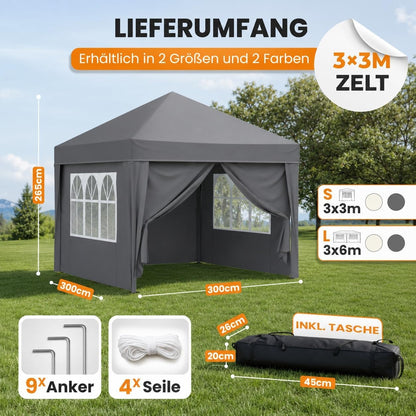 NATURIZ® Pavillon 3x3 Wasserdicht Stabil und UV 50+ Schutz - Faltpavillon mit Seitenwänden - Faltpavillon Zelt für Garten, Camping, Marktstand & Partyzelt, Gartenpavillon, Gartenzelt, Festzelt (Grau)
