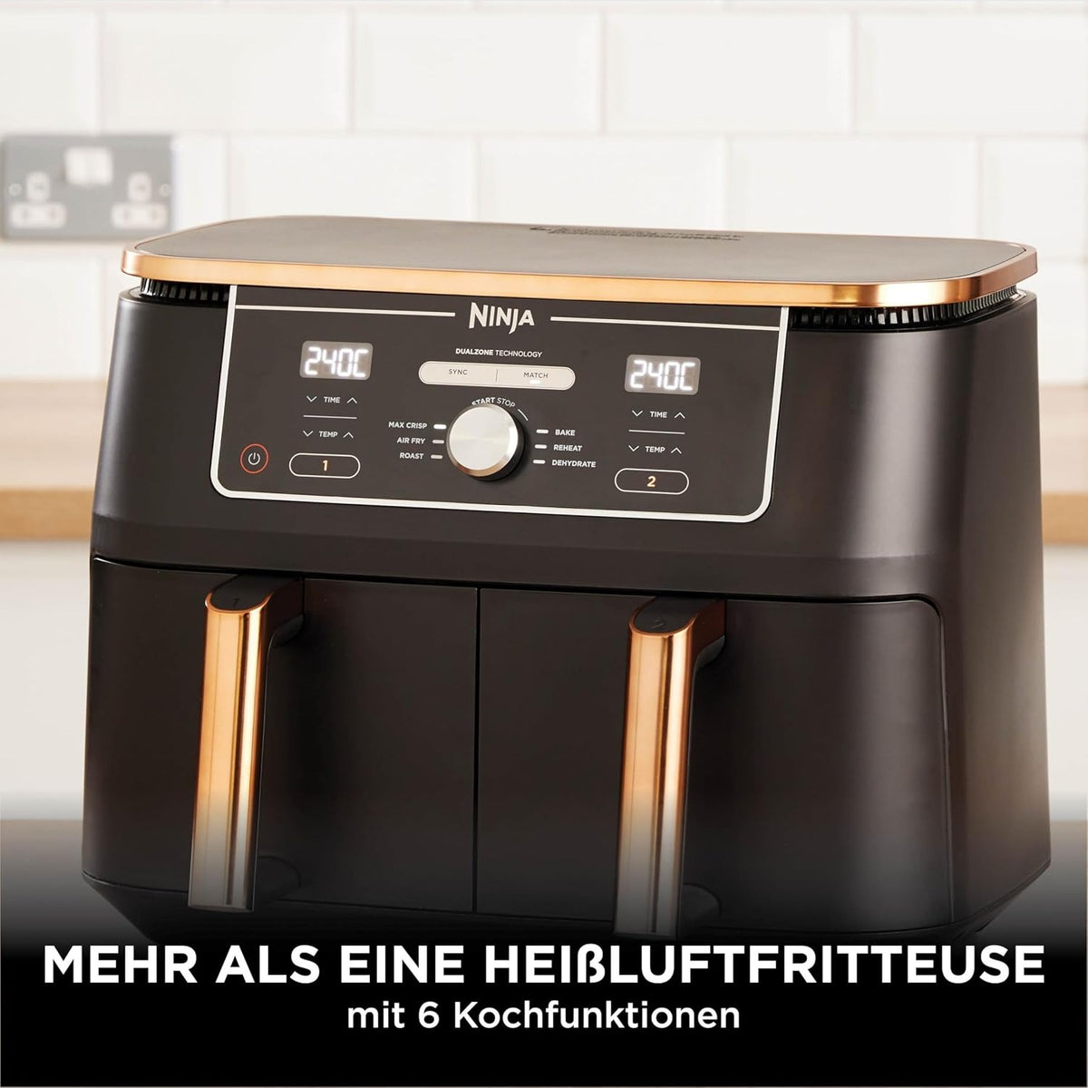 Ninja Foodi MAX Dual Zone Heißluftfritteuse, 9,5L Heißluftfritteuse, 2 Fächer, mit Zange, Antihaftbeschichtung, spülmaschinenfeste Körbe, 6-in-1, Kupfer/Schwarz, AF400EUCP