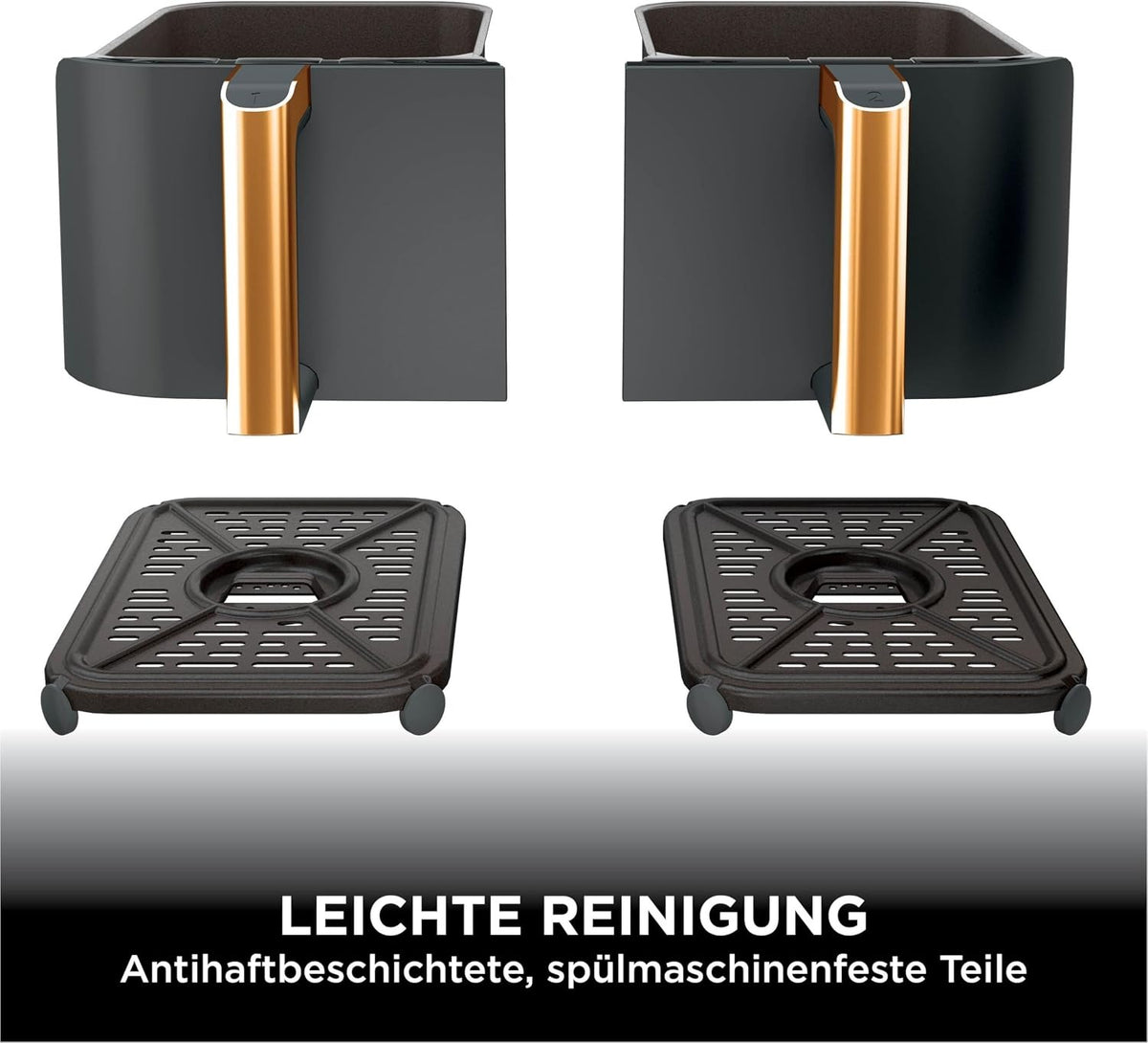 Ninja Foodi MAX Dual Zone Heißluftfritteuse, 9,5L Heißluftfritteuse, 2 Fächer, mit Zange, Antihaftbeschichtung, spülmaschinenfeste Körbe, 6-in-1, Kupfer/Schwarz, AF400EUCP