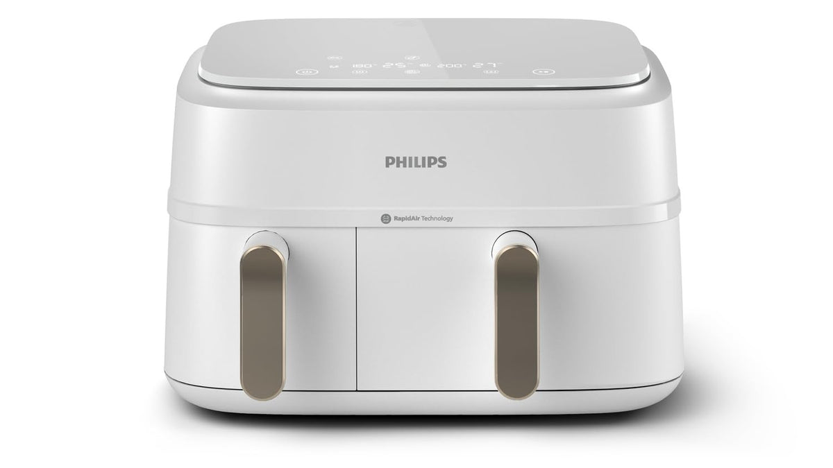 Philips Stacked Heißluftfritteuse 4000 Serie Heißluftfritteuse, Schwarz/Grau, 10 L – Dual Basket, Schwarz+frühstücksset
