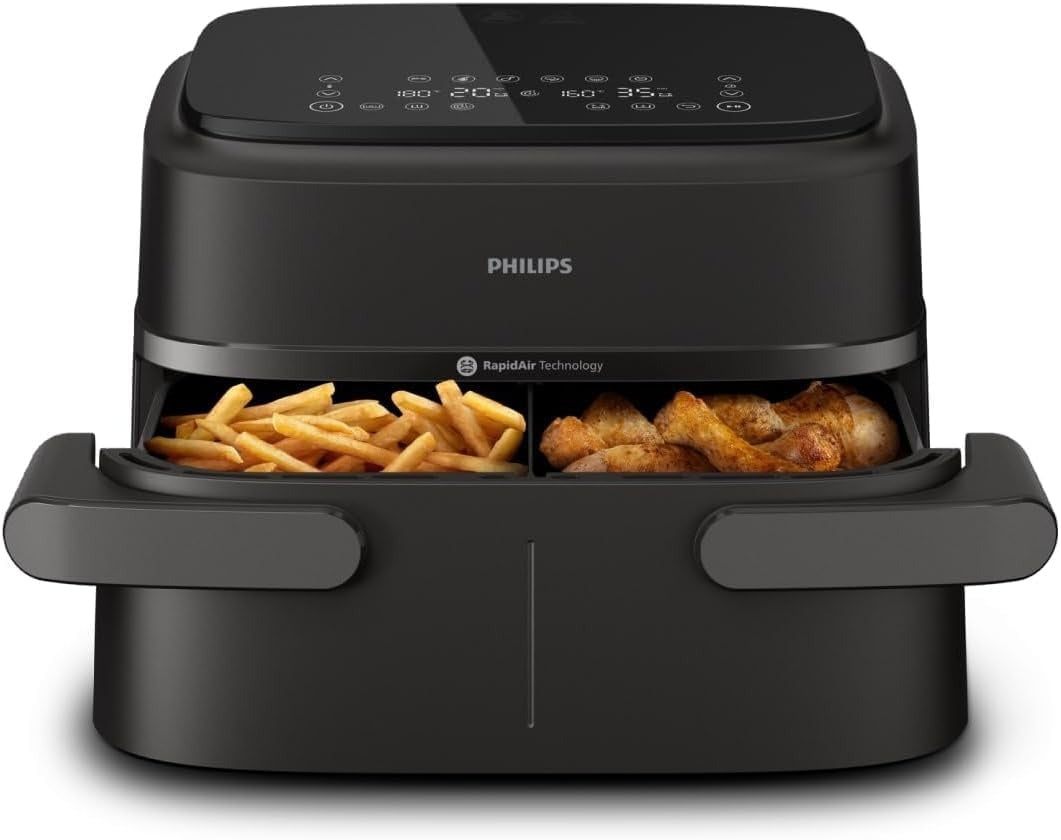 Philips Steam Heißluftfritteuse 5000 Heißluftfritteuse, Schwarz, 9 L – Schwarz/Kupfer, Steam Airfryer Dual Basket