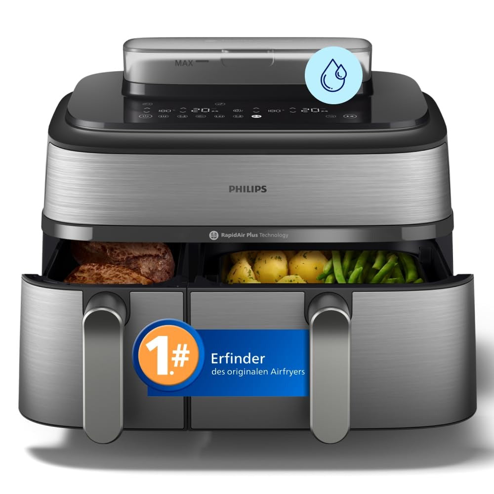 Philips Steam Heißluftfritteuse 5000 Heißluftfritteuse, Schwarz, 9 L – Silber/Edelstahl, Steam Airfryer Dual Basket