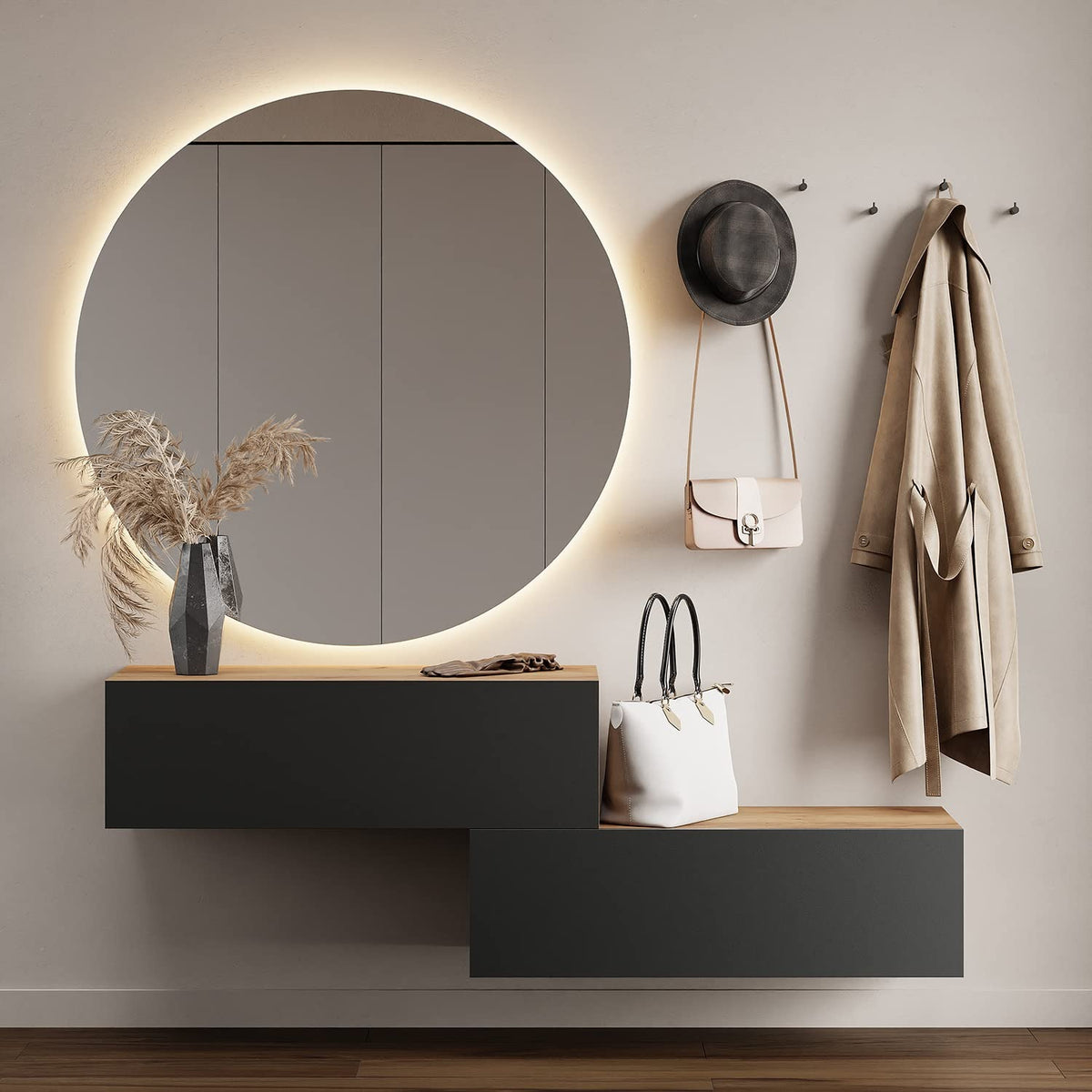Planetmöbel Garderobe Flur mit Stauraum, Wandgarderobe mit 2 Klappen, Dielenschrank aus Holzwerkstoff Gold Eiche/Anthrazit – Gold Eiche, Doppelt 140 cm