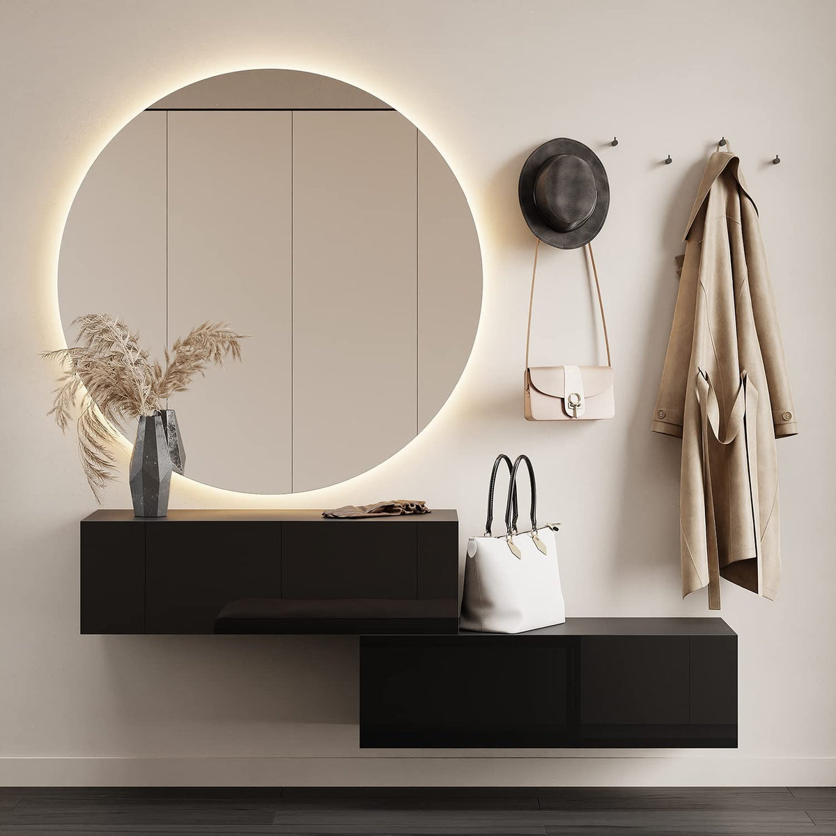 Planetmöbel Garderobe Flur mit Stauraum, Wandgarderobe mit 2 Klappen, Dielenschrank aus Holzwerkstoff Gold Eiche/Anthrazit – Schwarz / Weiß, Doppelt 100 cm