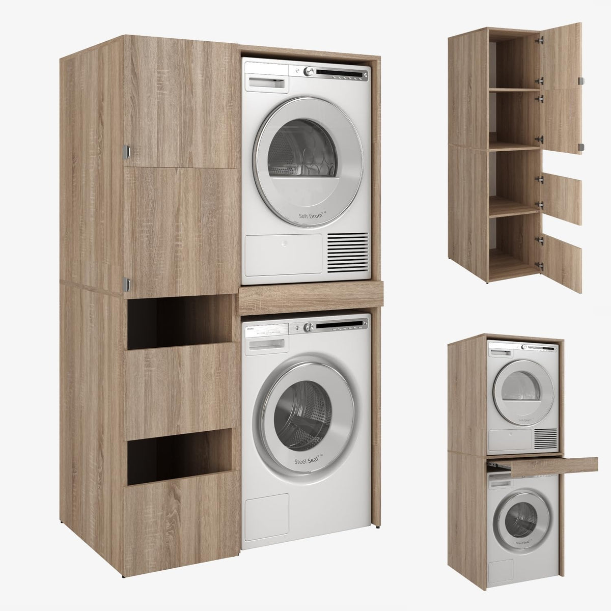 PLATAN ROOM Hochschrank Badschrank Waschmaschine Trockner Schrank Waschmaschinenschrank für Waschmaschine & Wäschetrockner Überbauschrank 187 x 65 x 66 cm Badregal (Weiß, 66 cm breit) – Eiche Artisan, 111 cm (45+66)