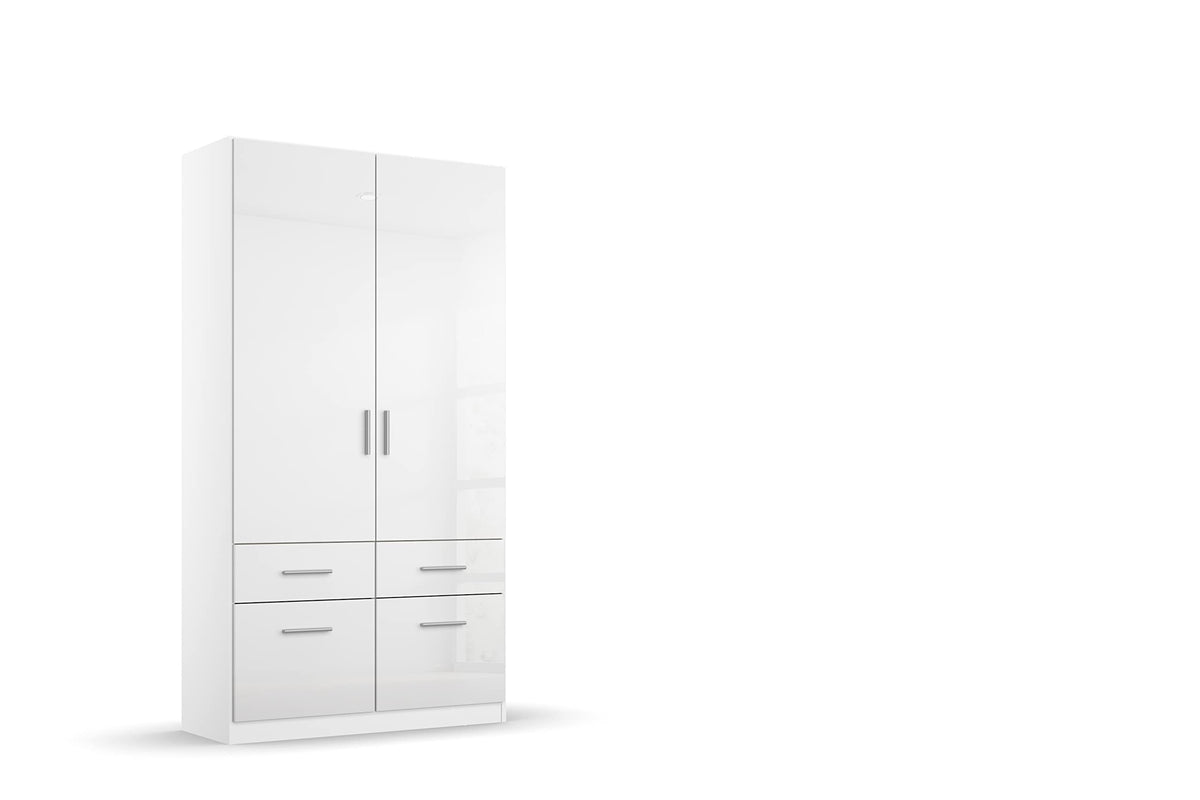 Rauch Möbel Celle Kleiderschrank Weiß Hochglanz, 3-türiger Drehtürenschrank mit 6 Schubladen, Kleiderschrank für Schlafzimmer – Grau Metallic/Hochglanz Weiß | Griff Grau Metallic, Breite 181 cm, Schrank