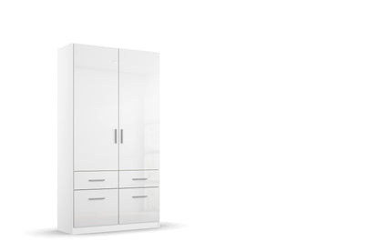 Rauch Möbel Celle Kleiderschrank Weiß Hochglanz, 3-türiger Drehtürenschrank mit 6 Schubladen, Kleiderschrank für Schlafzimmer – Grau Metallic/Hochglanz Weiß | Griff Grau Metallic, Breite 181 cm, Schrank