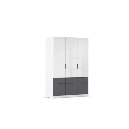 Rauch Möbel Celle Kleiderschrank Weiß Hochglanz, 3-türiger Drehtürenschrank mit 6 Schubladen, Kleiderschrank für Schlafzimmer – Hochglanz Weiß/Grau Metallic | Griff Weiß, Breite 181 cm, Schrank