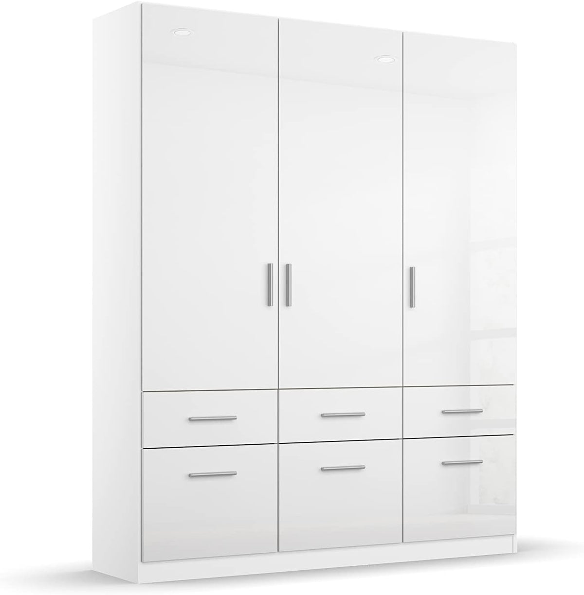 Rauch Möbel Celle Kleiderschrank Weiß Hochglanz, 3-türiger Drehtürenschrank mit 6 Schubladen, Kleiderschrank für Schlafzimmer – Hochglanz Weiß/Grau Metallic | Griff Grau Metallic, Breite 181 cm, Schrank