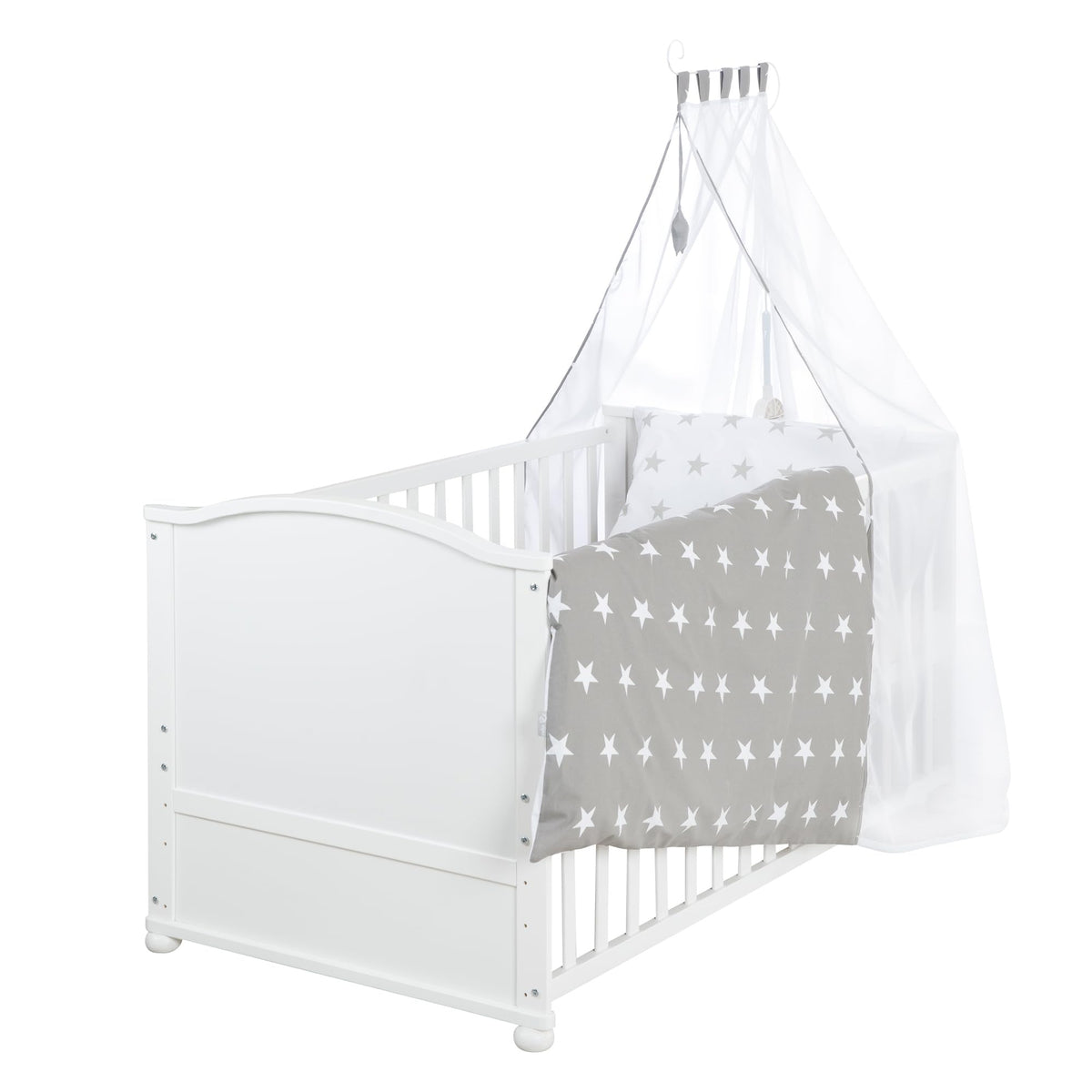 roba Babybett Set 70x140 cm mit Matratze, Bettwäsche & Himmel – Umbaubares Kinderbett zum Juniorbett, höhenverstellbar – Weiß / Woodland Buddies
