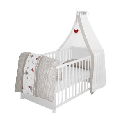 roba Babybett Set 70x140 cm mit Matratze, Bettwäsche & Himmel – Umbaubares Kinderbett zum Juniorbett, höhenverstellbar – Weiß / Sterne Grau