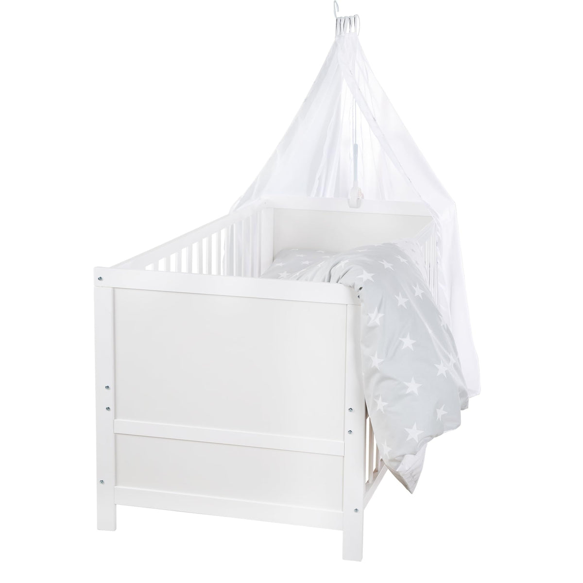 roba Babybett Set 70x140 cm mit Matratze, Bettwäsche & Himmel – Umbaubares Kinderbett zum Juniorbett, höhenverstellbar – Weiß / Little Stars