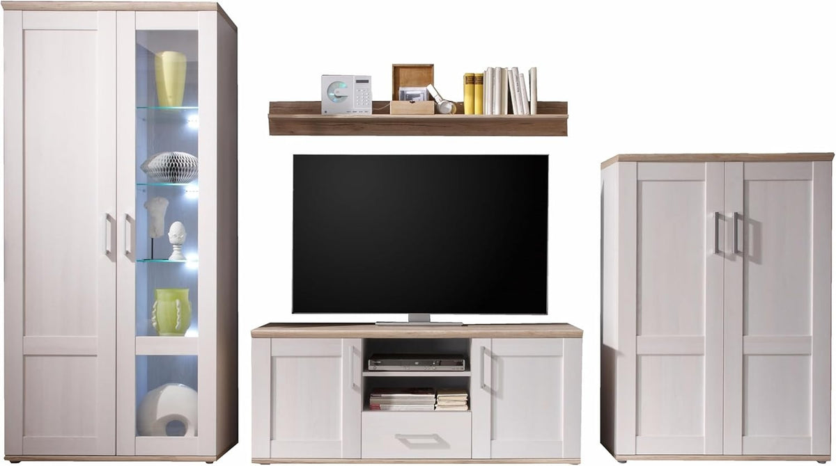 Stella Trading ROMANCE Wohnwand Wohnzimmer Set mit LED-Vitrine, Stauraum, Sibiu Lärche & Eiche San Remo – Wohnwand