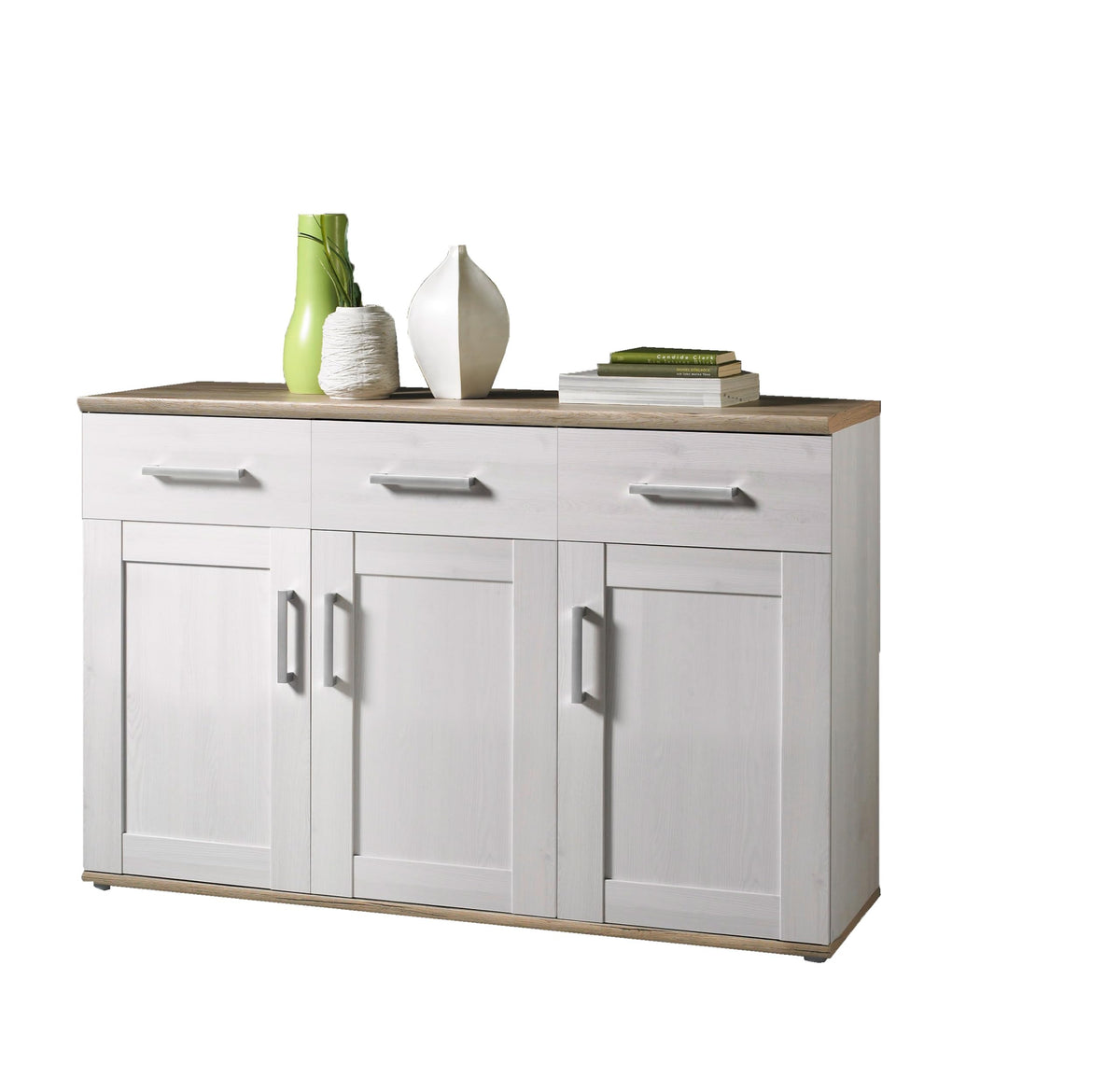 Stella Trading ROMANCE Wohnwand Wohnzimmer Set mit LED-Vitrine, Stauraum, Sibiu Lärche & Eiche San Remo – Sideboard groß