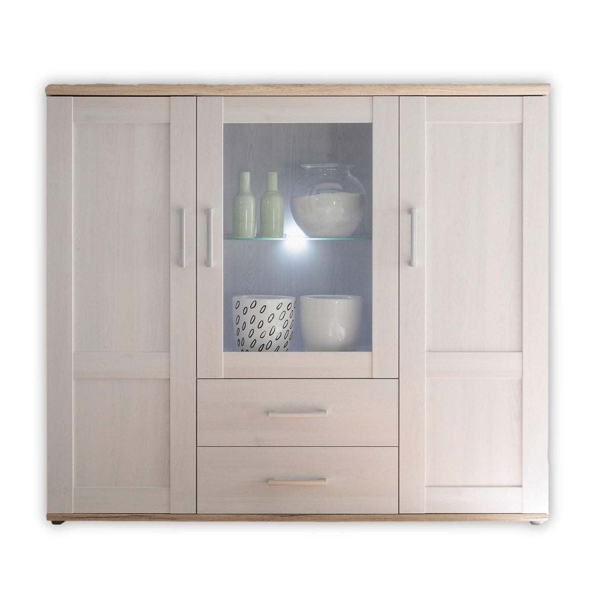 Stella Trading ROMANCE Wohnwand Wohnzimmer Set mit LED-Vitrine, Stauraum, Sibiu Lärche & Eiche San Remo – Sideboard