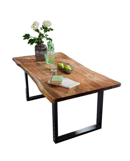 SAM Baumkantentisch Akazienholz Massiv Nussbaumfarben – Industrial Esstisch mit schwarzem U-Gestell – 240 x 100 cm, Naturfarben / Schwarz