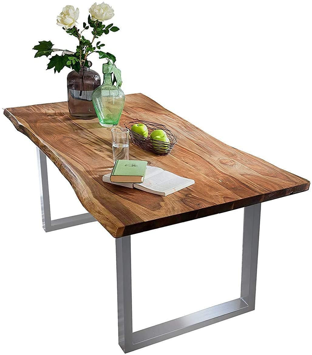 SAM Baumkantentisch Akazienholz Massiv Nussbaumfarben – Industrial Esstisch mit schwarzem U-Gestell – 220 x 100 cm, Eichefarben / Schwarz
