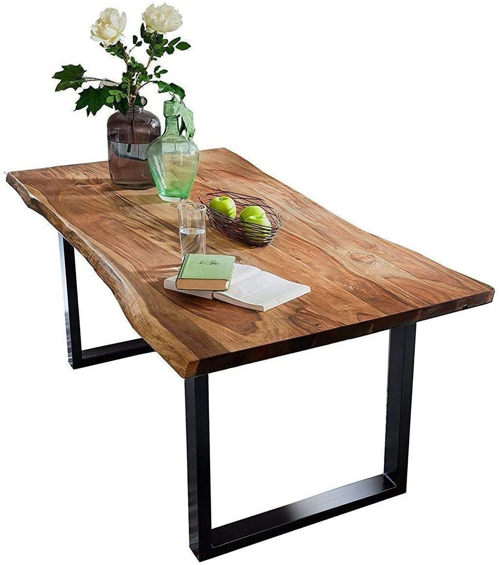 SAM Baumkantentisch Akazienholz Massiv Nussbaumfarben – Industrial Esstisch mit schwarzem U-Gestell – 200 x 100 cm, Natur Silber