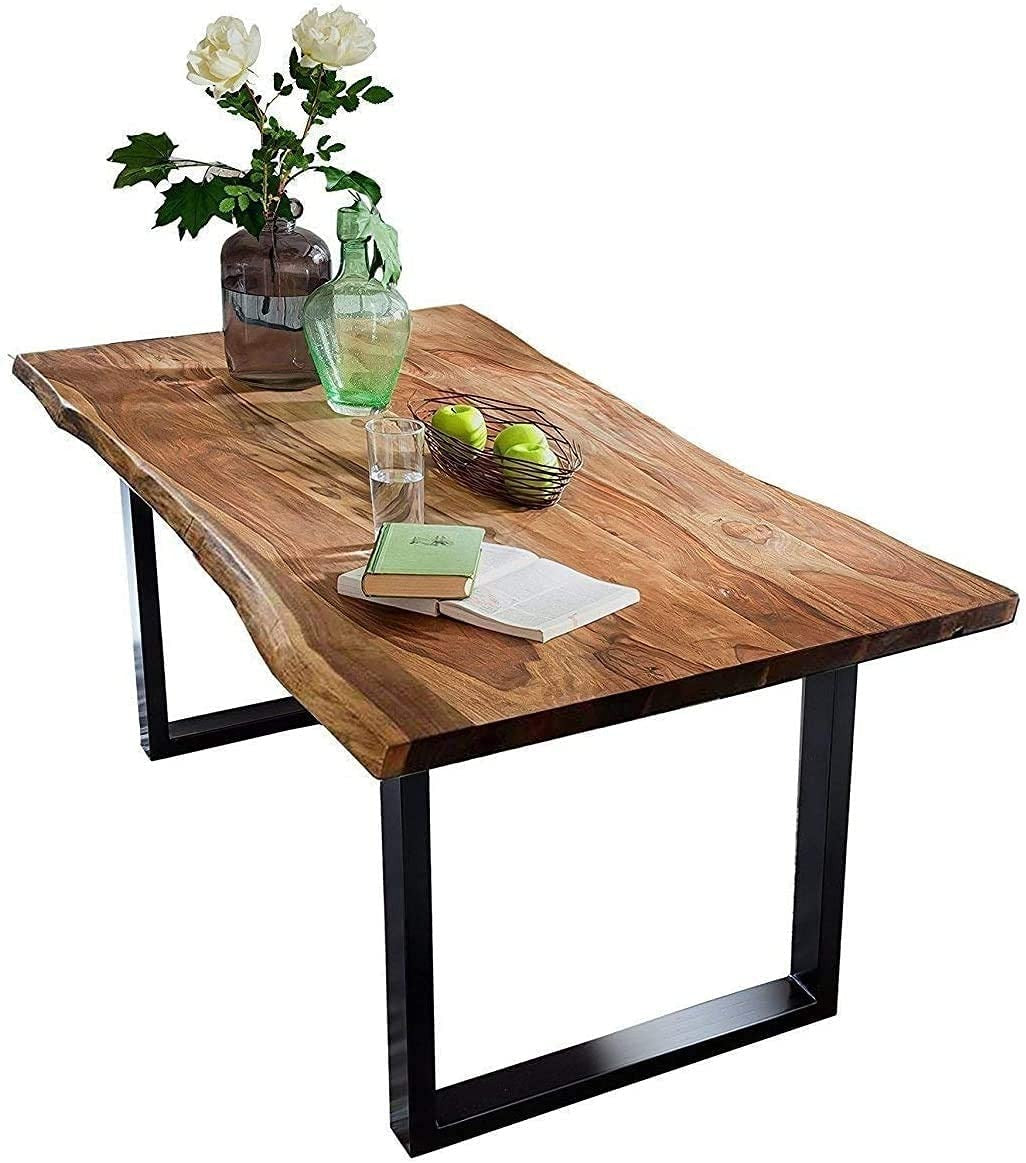SAM Baumkantentisch Akazienholz Massiv Nussbaumfarben – Industrial Esstisch mit schwarzem U-Gestell – 200 x 100 cm, Naturfarben / Silber