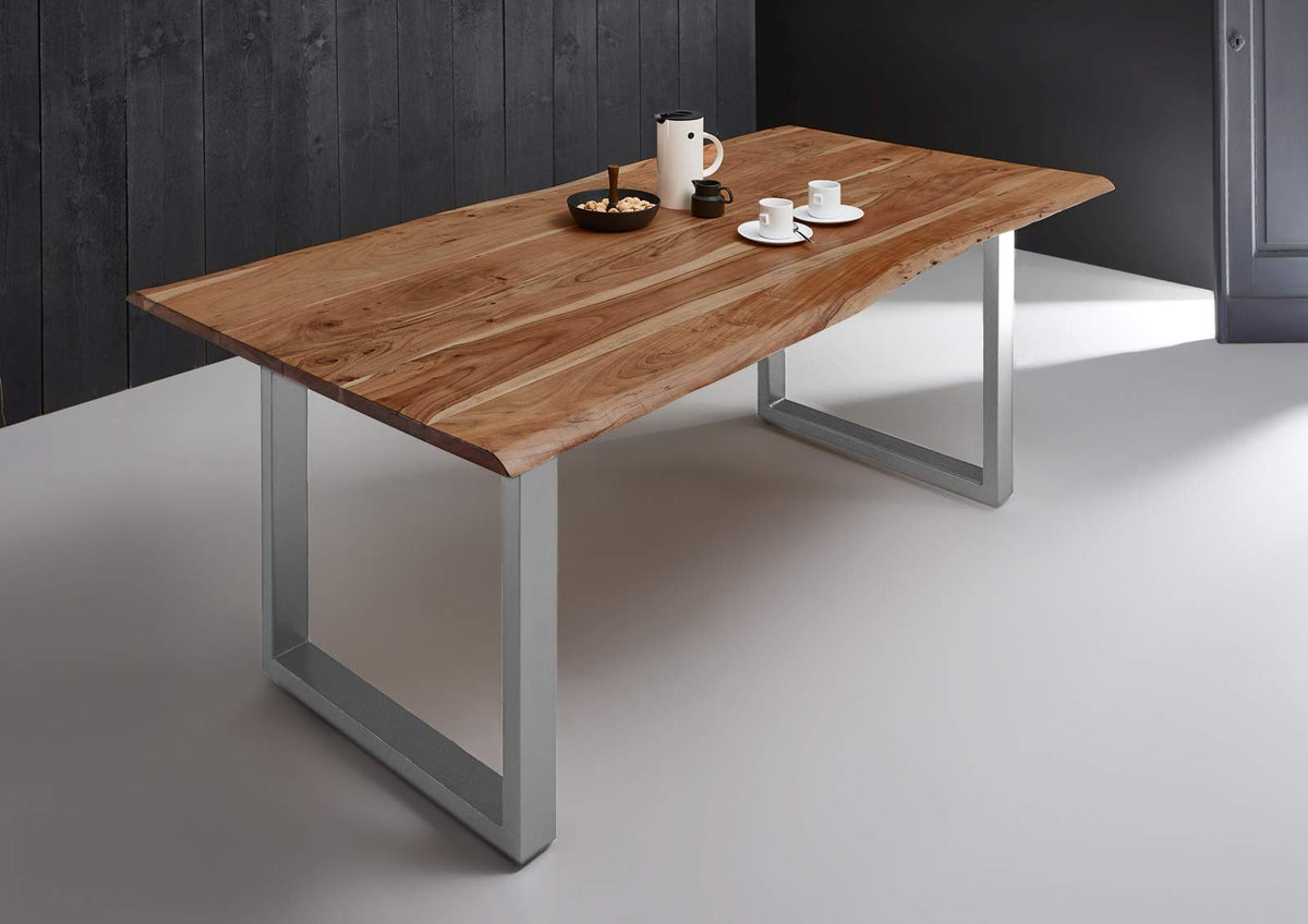SAM Baumkantentisch Akazienholz Massiv Nussbaumfarben – Industrial Esstisch mit schwarzem U-Gestell – 200 x 100 cm, Naturfarben / Schwarz