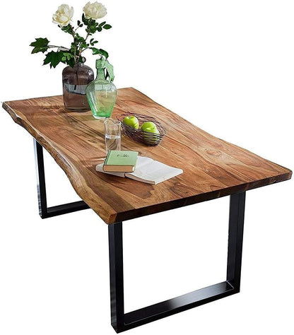 SAM Baumkantentisch Akazienholz Massiv Nussbaumfarben – Industrial Esstisch mit schwarzem U-Gestell – 180 x 90 cm, Eichefarben / Silber