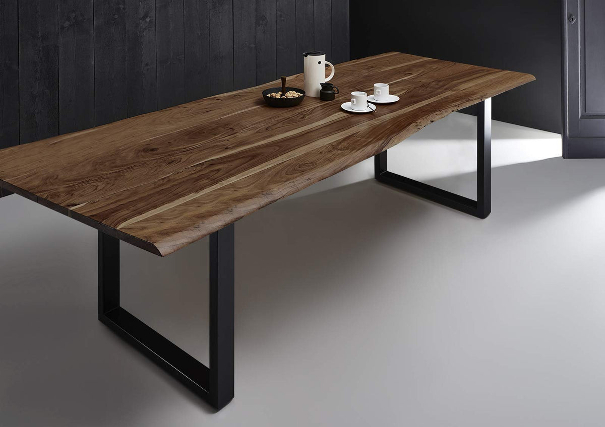 SAM Baumkantentisch Akazienholz Massiv Nussbaumfarben – Industrial Esstisch mit schwarzem U-Gestell – 160 x 85 cm, Eichefarben / Silber