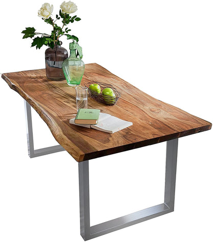 SAM Baumkantentisch Akazienholz Massiv Nussbaumfarben – Industrial Esstisch mit schwarzem U-Gestell – 140 x 80 cm, Eichefarben / Silber