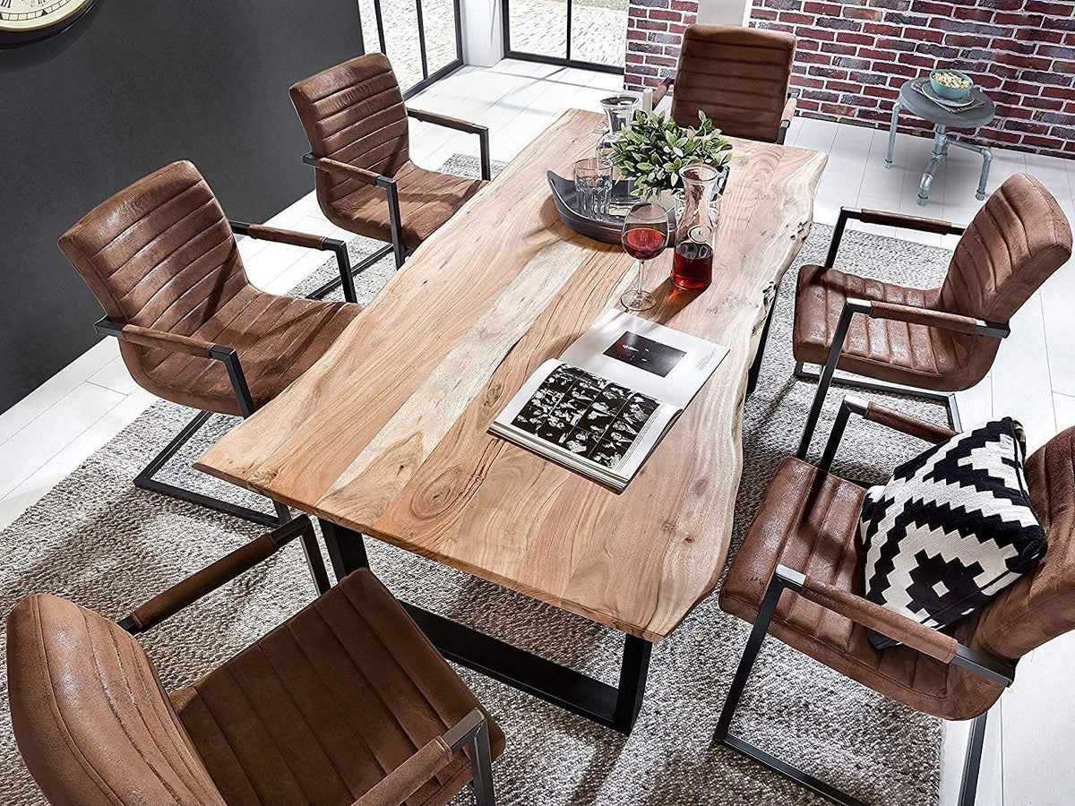 SAM Baumkantentisch Akazienholz Massiv Nussbaumfarben – Industrial Esstisch mit schwarzem U-Gestell – 120 x 80 cm, Nussbaumfarben / Schwarz