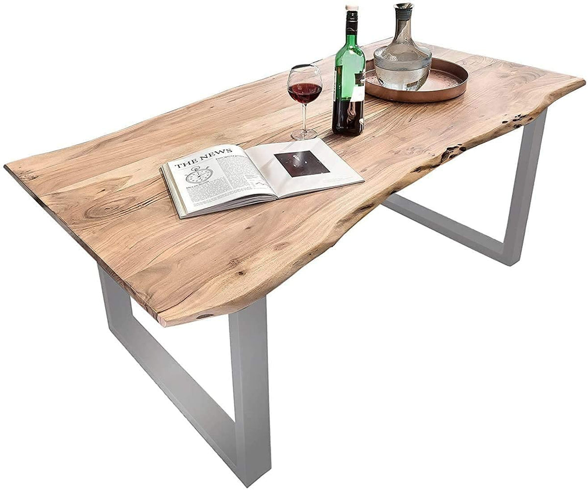 SAM Baumkantentisch Akazienholz Massiv Nussbaumfarben – Industrial Esstisch mit schwarzem U-Gestell – 120 x 80 cm, Nussbaumfarben / Silber