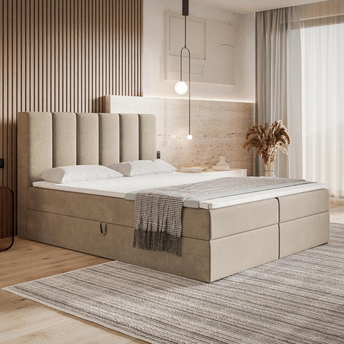 Motivena Santiago Boxspringbett 160x200 Beige Samt mit Bettkasten – Matratze H4 & Topper H3, Polsterbett mit Kopfteil – Default Title
