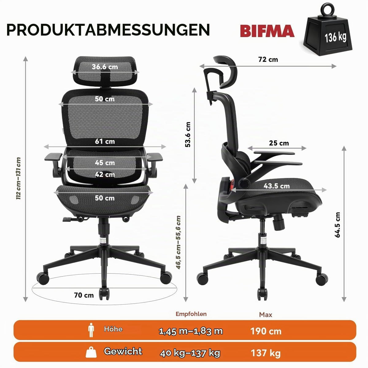 SIHOO Ergonomischer Bürostuhl Schwarz bis 150 kg – Schreibtischstuhl mit verstellbarer Kopfstütze, Lordosenstütze & Armlehnen – Verkehrsweiß