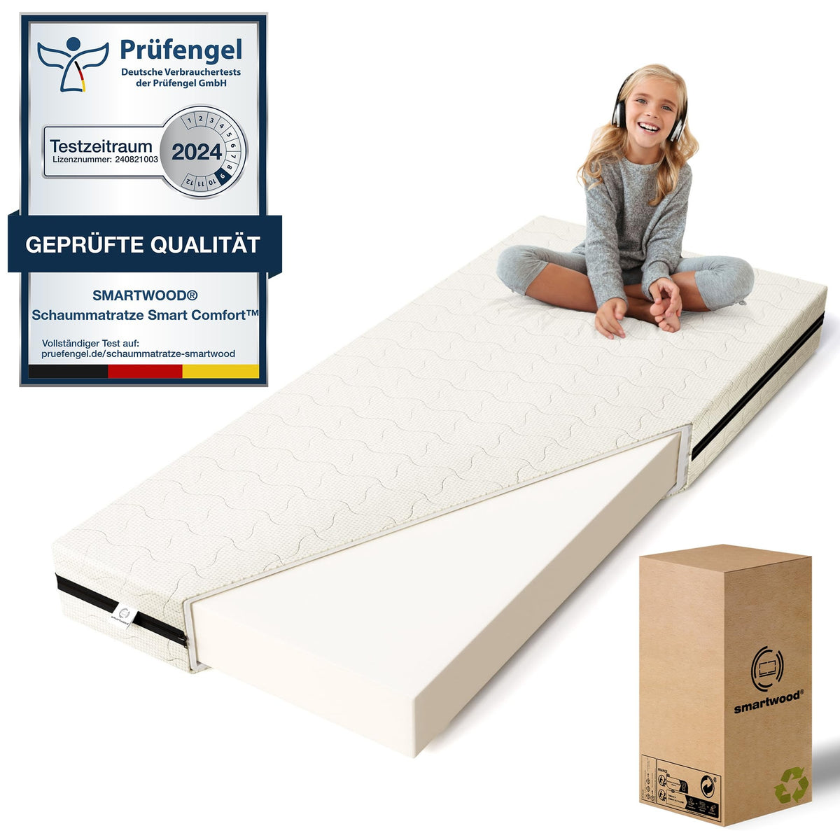 smartwood Matratze 90x200 12 cm, H2, Schaumstoff, SmartComfort – 80x180x12cm, Weiß - mit Spannbettlaken