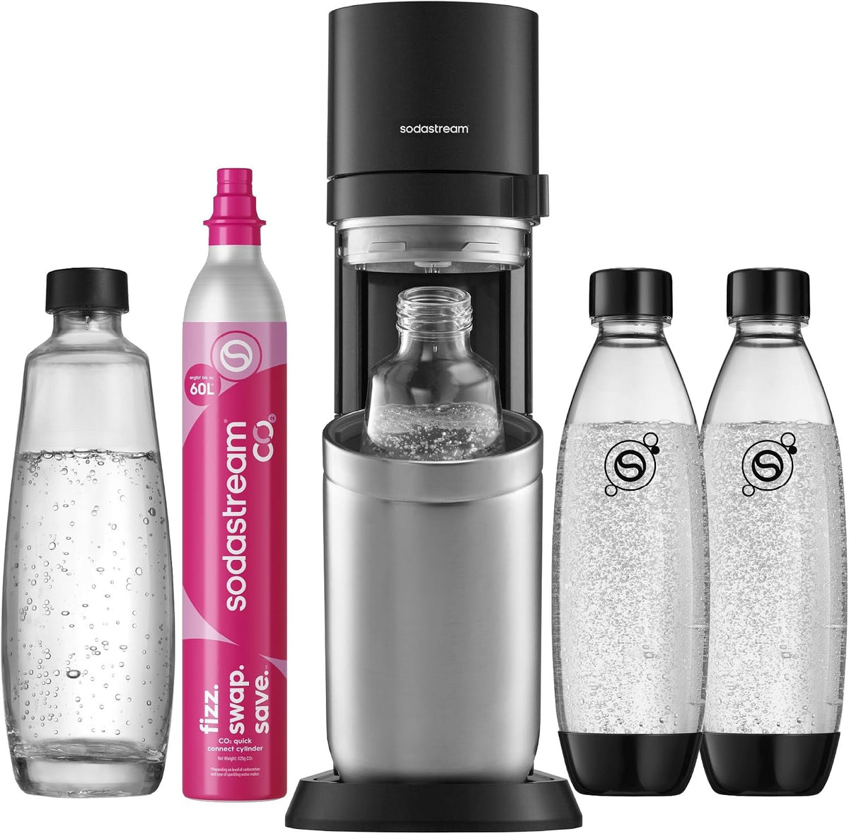 SodaStream DUO Wassersprudler - 4x 1L Sprudlerflaschen & CO2-Zylinder – Family Pack (4 Flaschen + 1 Zylinder), Schwarz/Titan