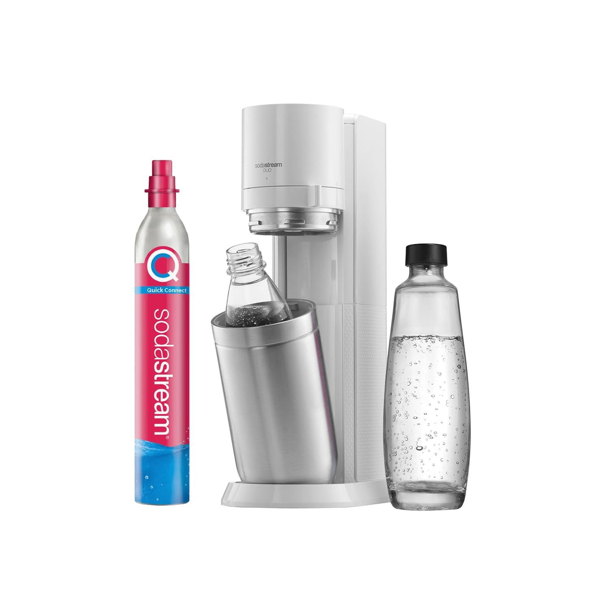 SodaStream DUO Wassersprudler - 4x 1L Sprudlerflaschen & CO2-Zylinder – Standard Pack, Weiß