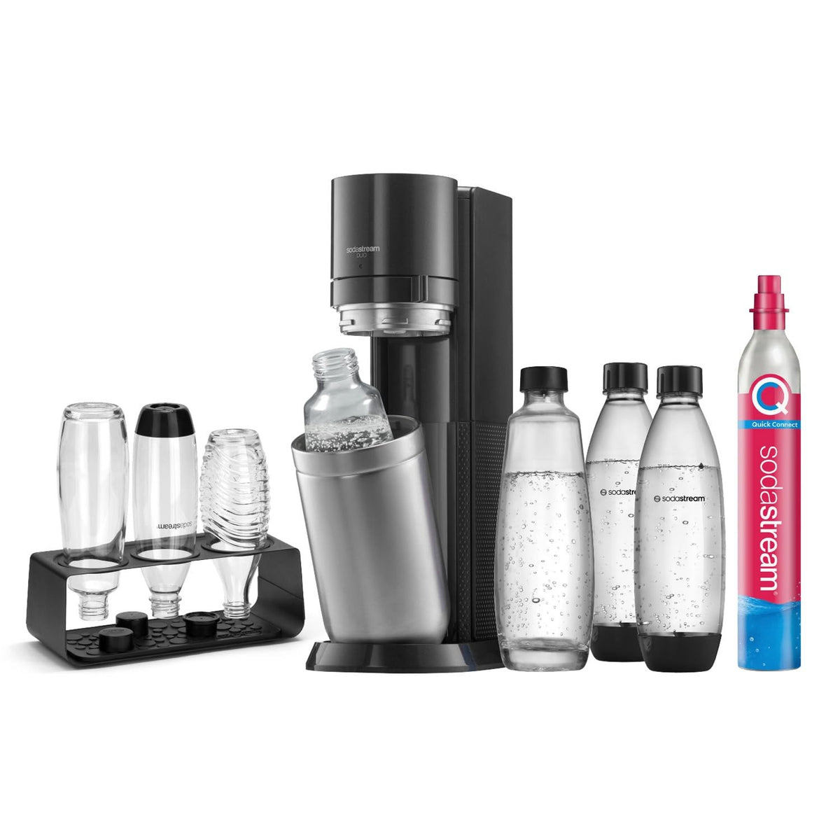 SodaStream DUO Wassersprudler - 4x 1L Sprudlerflaschen & CO2-Zylinder – Family Pack (4 Flaschen + 1 Zylinder), Weiß