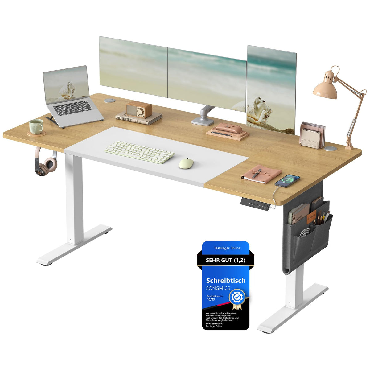 SONGMICS Höhenverstellbarer Schreibtisch 180x80 cm – Elektrischer Sitz-Steh-Schreibtisch mit USB, Organizer & Haken, Vintagebraun – 180 x 80 cm, Natureichenfarben + Mattweiß