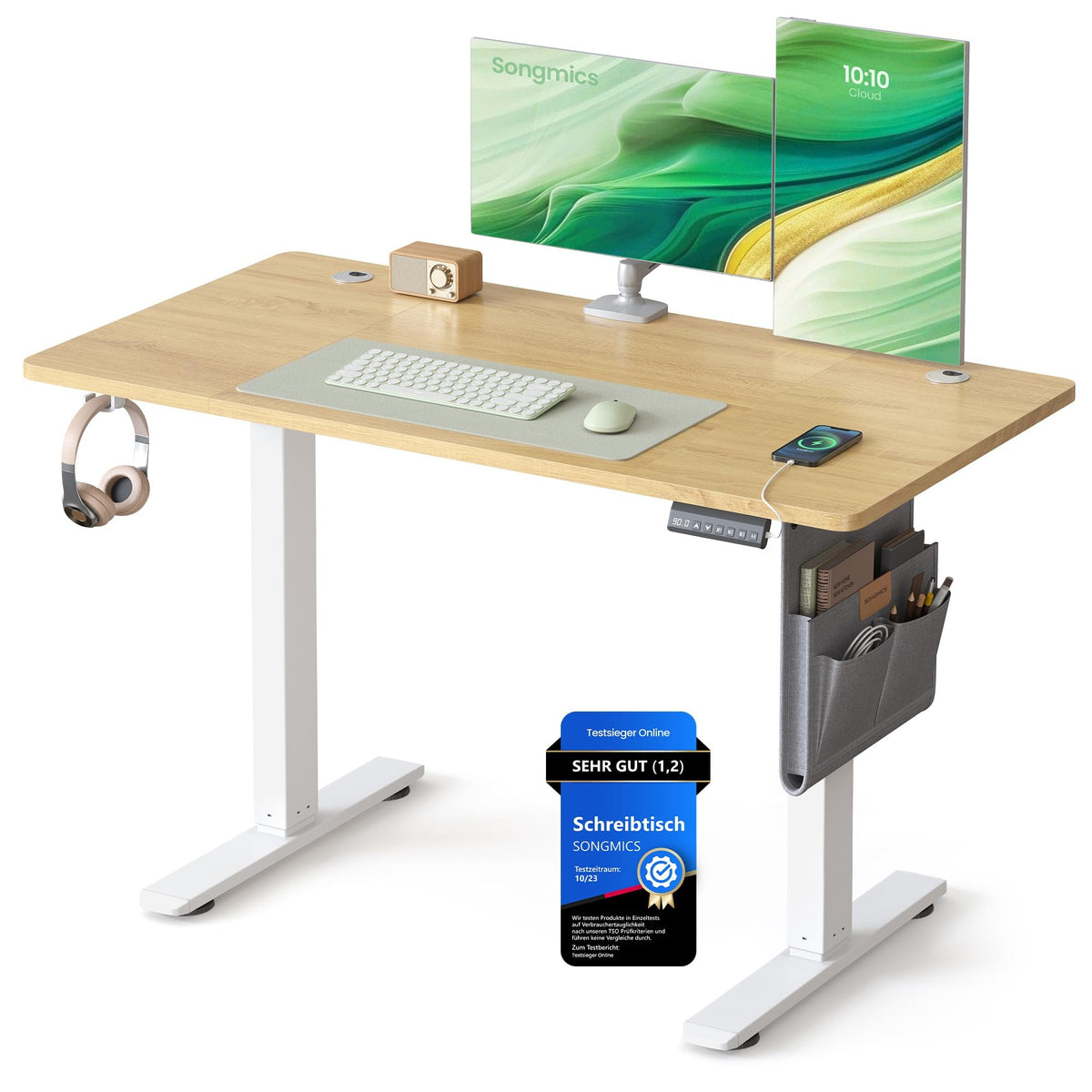 SONGMICS Höhenverstellbarer Schreibtisch 180x80 cm – Elektrischer Sitz-Steh-Schreibtisch mit USB, Organizer & Haken, Vintagebraun – 180 x 80 cm, Wolkenweiß + Taubengrau