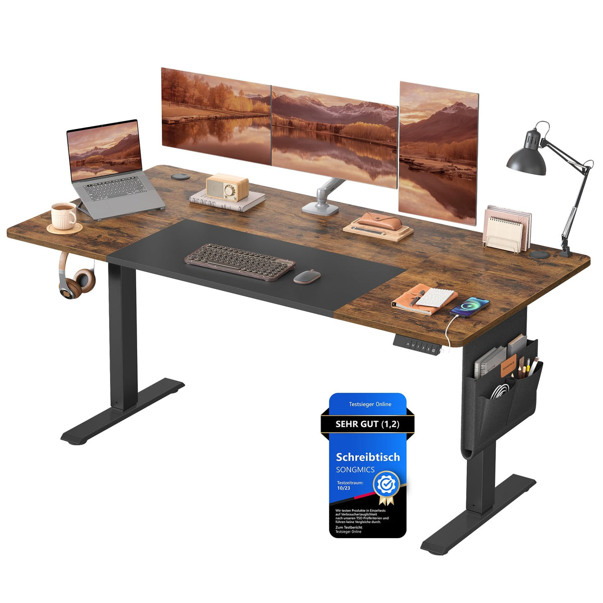 SONGMICS Höhenverstellbarer Schreibtisch 180x80 cm – Elektrischer Sitz-Steh-Schreibtisch mit USB, Organizer & Haken, Vintagebraun – 180 x 80 cm, Vintagebraun + Tintenschwarz